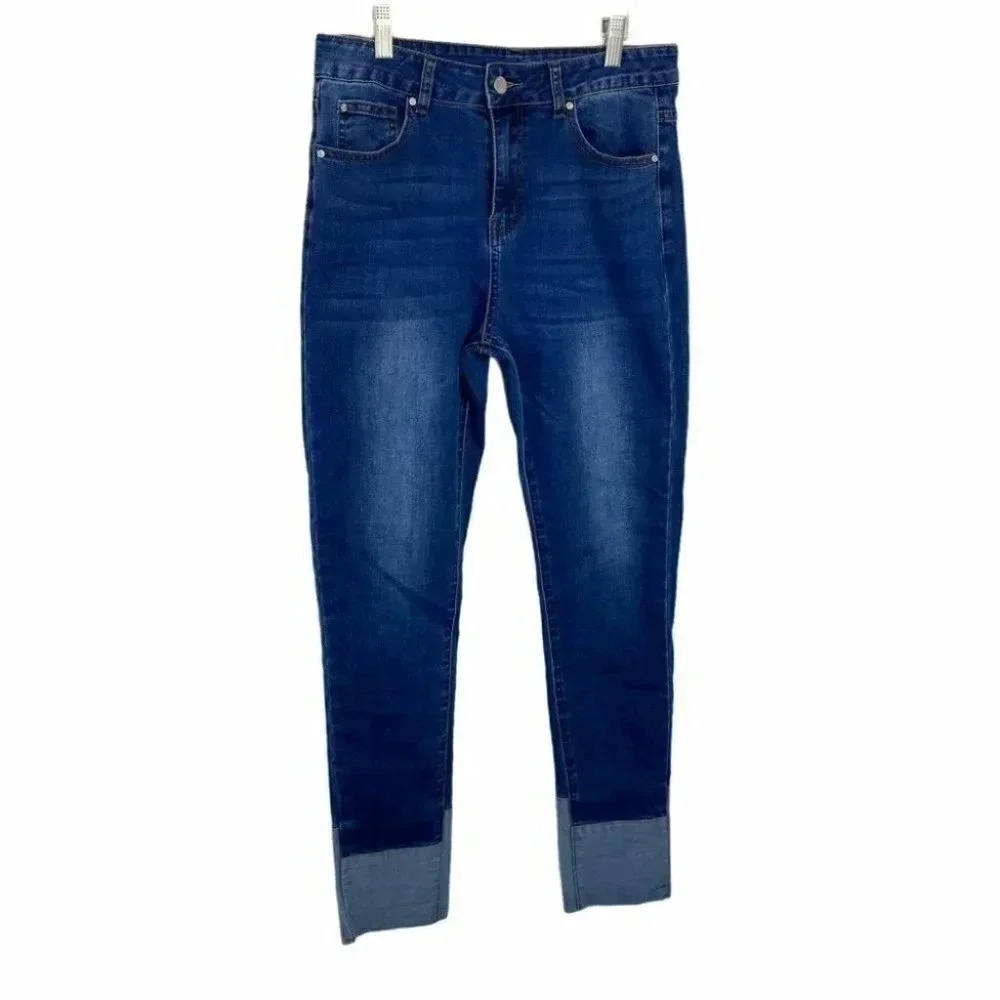 HAYDEN LOS ANGELES Womens Med Skinny Crop Jeans Medium Blue Wash‎ Contrast Cuff